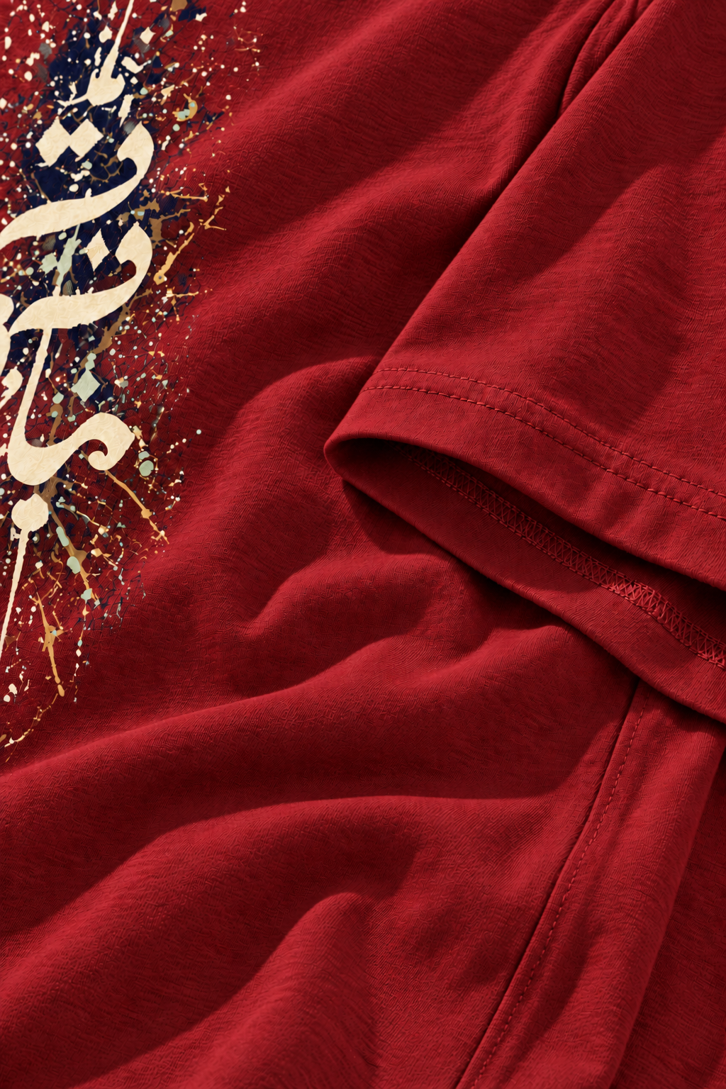 Cotton fabric detail of the 7EVII Urdu calligraphy T-shirt in Cardinal Red