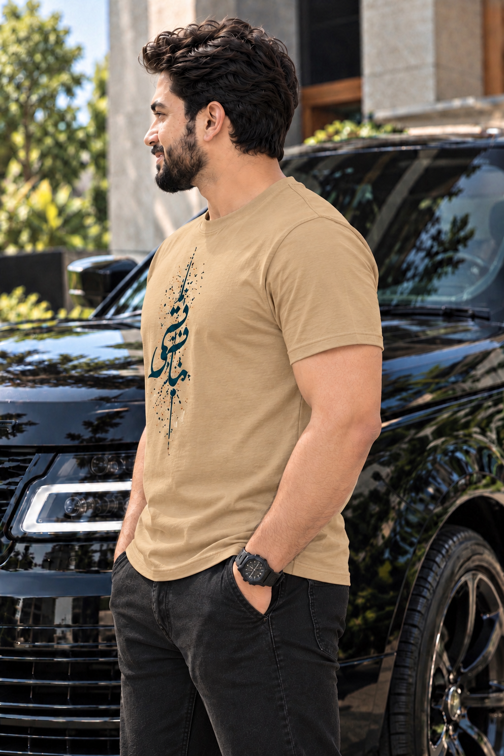 Irf wearing 7EVII calligraphy T-shirt in Sand, side view