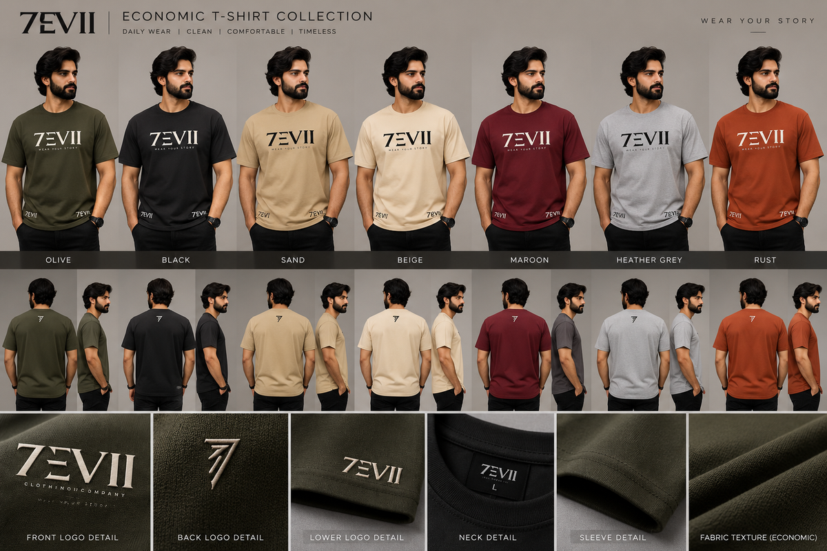7EVII Standard Rust T-shirt shown in the daily-wear color lookbook