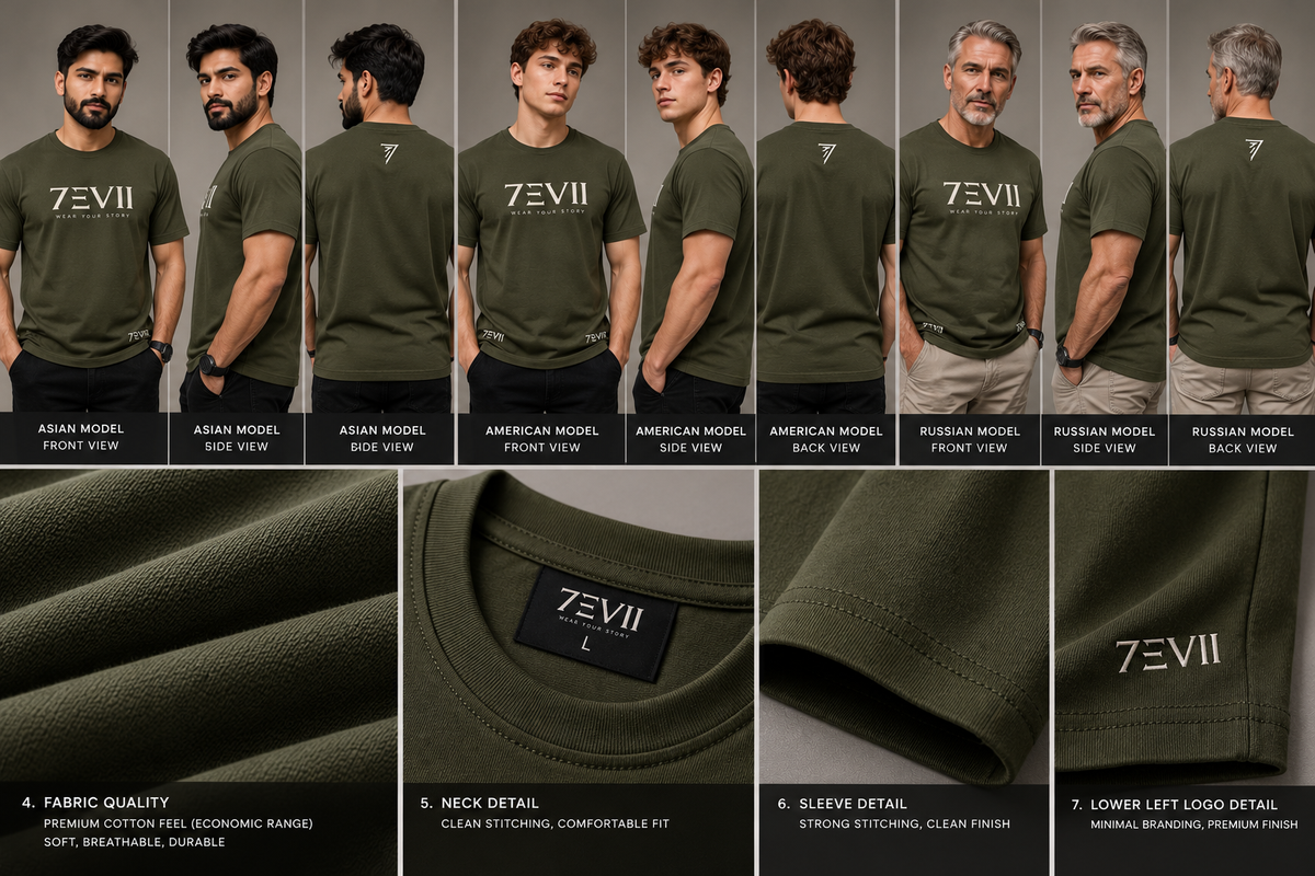 7EVII Standard Olive T-shirt fit and detail lookbook