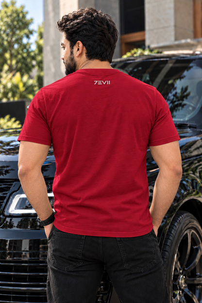 Irf wearing 7EVII calligraphy T-shirt in Cardinal Red, back view