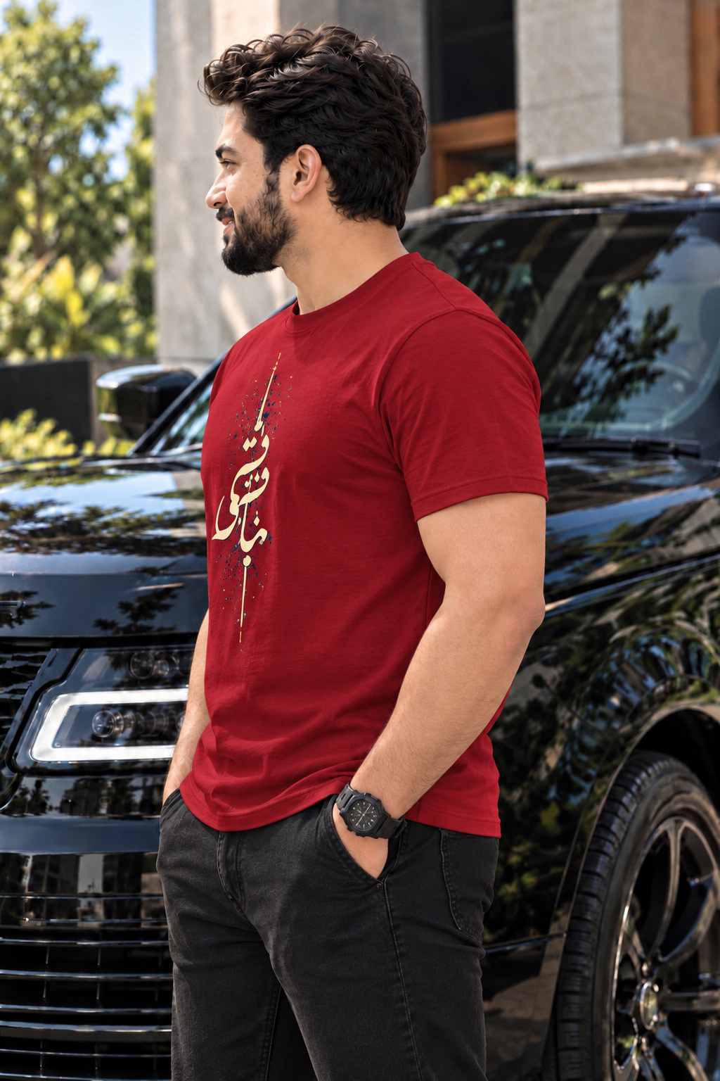 Irf wearing 7EVII calligraphy T-shirt in Cardinal Red, side view