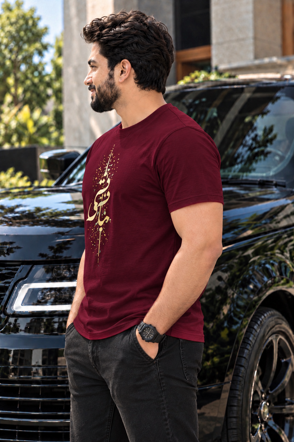 Irf wearing 7EVII calligraphy T-shirt in Maroon, side view