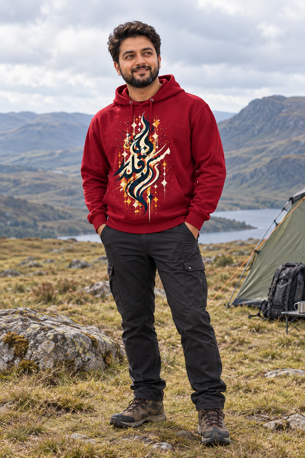 7EVII Mast Qalandar hoodie in Cardinal Red — outdoor model mockup
