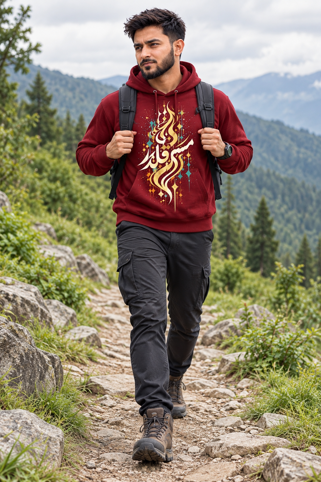 7EVII Mast Qalandar hoodie in Maroon — outdoor model mockup