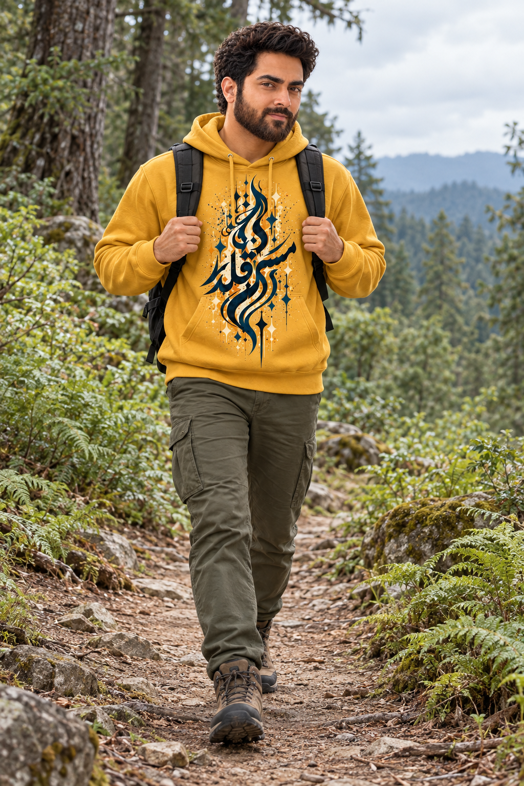 7EVII Mast Qalandar hoodie in Mustard Yellow — outdoor model mockup
