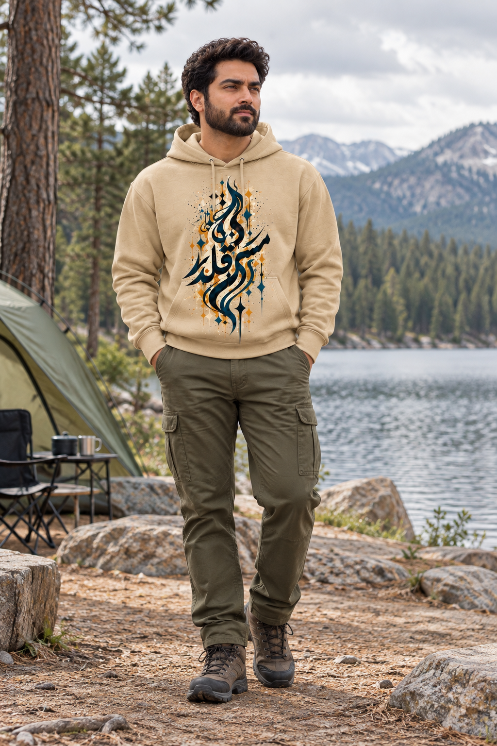 7EVII Mast Qalandar hoodie in Sand — outdoor model mockup