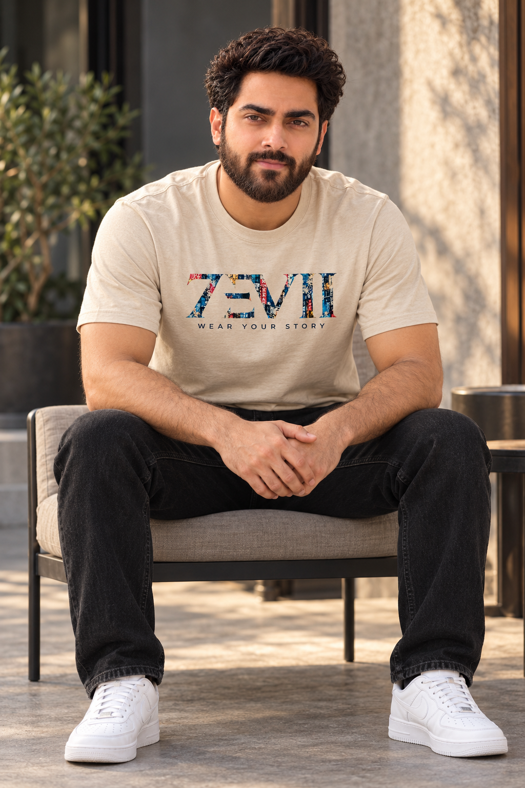 7EVII Standard patterned logo T-shirt in Sand